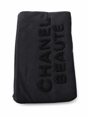 CHANEL Black Soft Fabric Chenille Logo Zip Pouch